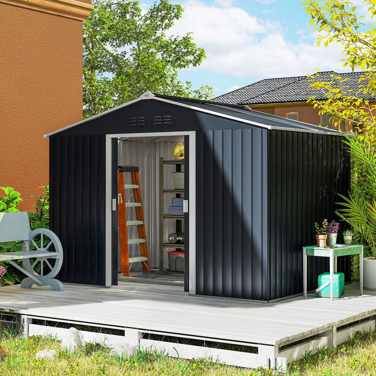 Outsunny metal garden shed with sliding doors and ventilation windows, 277 x 195 x 192 cm, dark gray