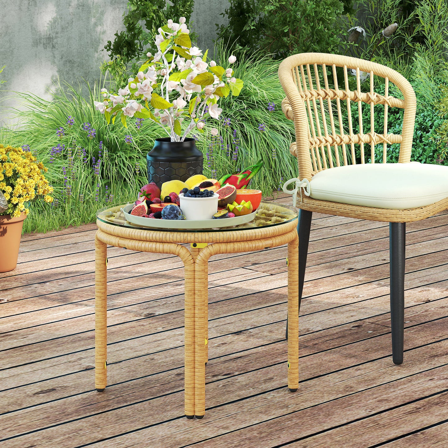 Outsunny polyrattan bijzettafel, ronde salontafel met glazen blad, nachtkastje Ø50 cm, geel