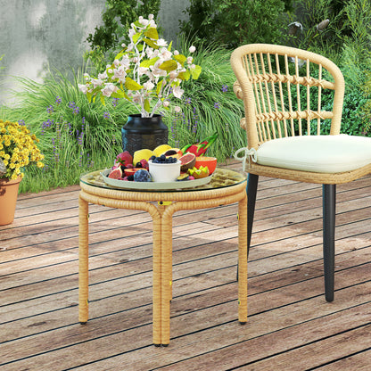 Outsunny polyrattan bijzettafel, ronde salontafel met glazen blad, nachtkastje Ø50 cm, geel