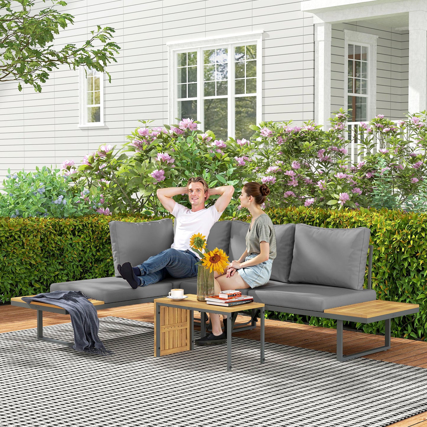 Outsunny Gartenmöbelset, erweiterbar auf 6 Sitzplätze, L-förmige Sitzgruppe mit Tischen, Stahlrahmen, verstellbare Rückenlehnen, grau