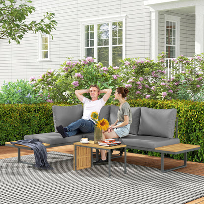 Outsunny Gartenmöbelset, erweiterbar auf 6 Sitzplätze, L-förmige Sitzgruppe mit Tischen, Stahlrahmen, verstellbare Rückenlehnen, grau