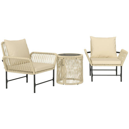 Outsunny polyrattan tuinmeubelset, tuinbalkonmeubel voor 2 personen, 3-delige set met 2 stoelen, bijzettafel en zitkussens