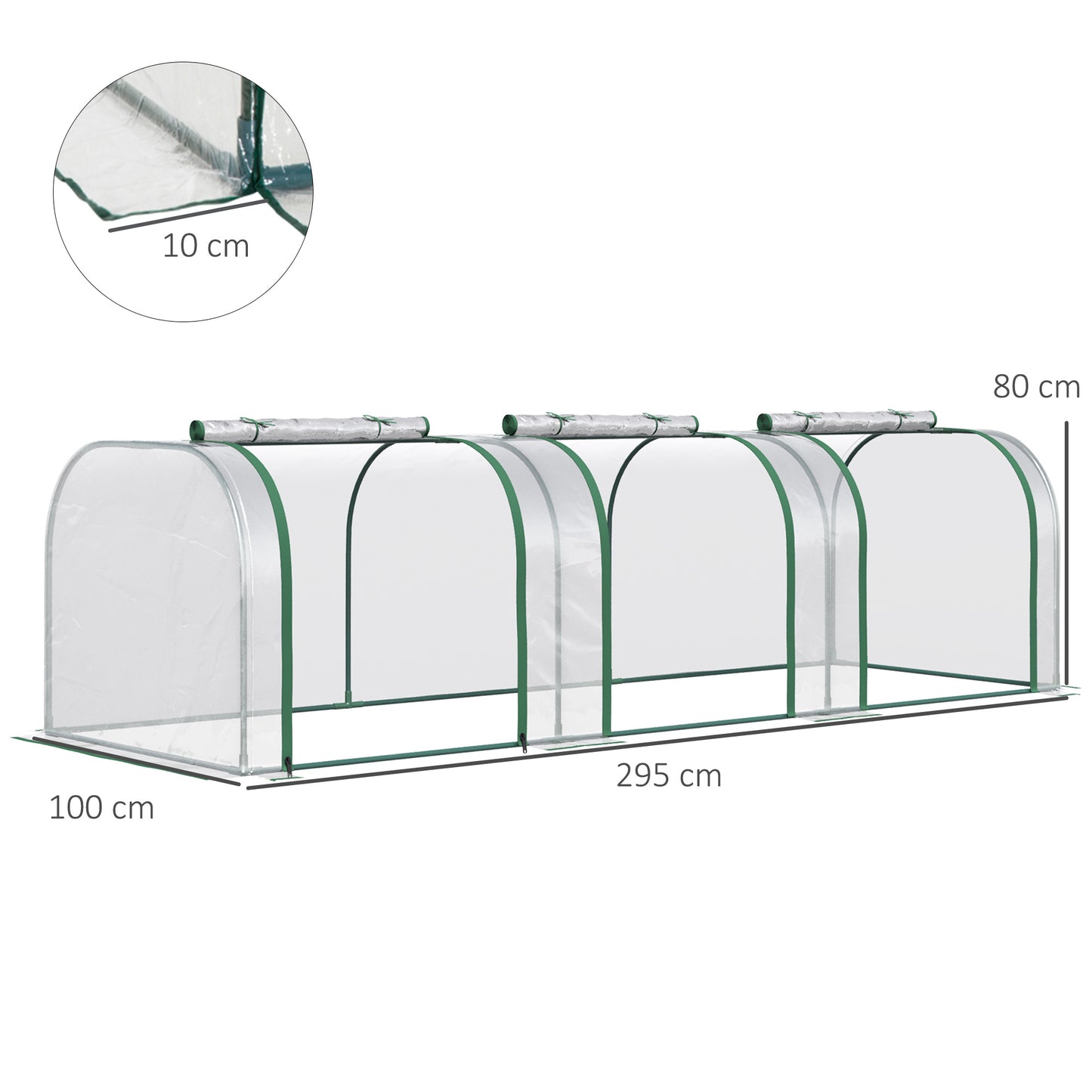 Outsunny Folientunnel-Gewächshaus, drei Rolltore, Stahlrahmen, transparent, 295 x 100 x 80 cm