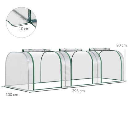 Outsunny Folientunnel-Gewächshaus, drei Rolltore, Stahlrahmen, transparent, 295 x 100 x 80 cm