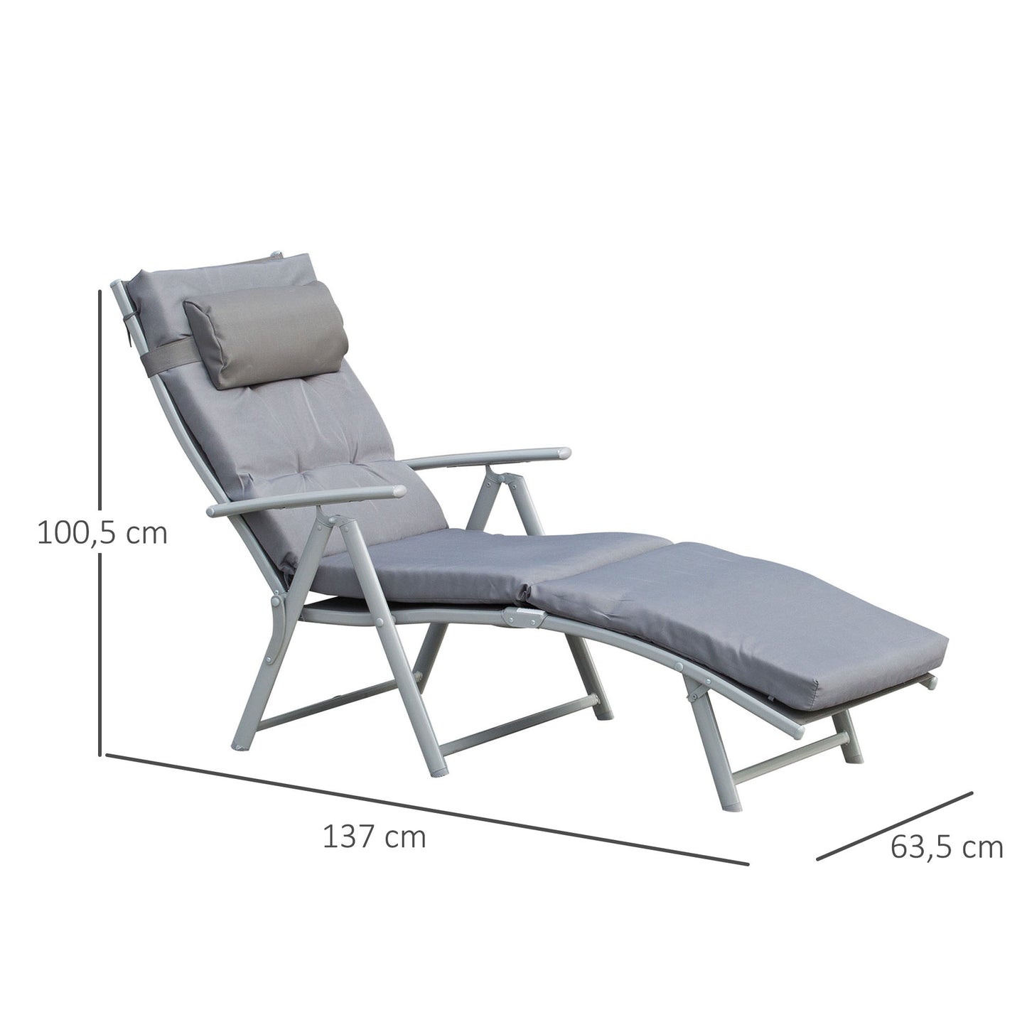 Outsunny Opvouwbare ligstoel met hoofdsteun en zitkussen, ligstoel met in 7 standen verstelbare rugleuning, tuinligstoel, relaxstoel, ondersteunt tot 165 kg, voor tuin, vakantie en buitengebruik, grijs