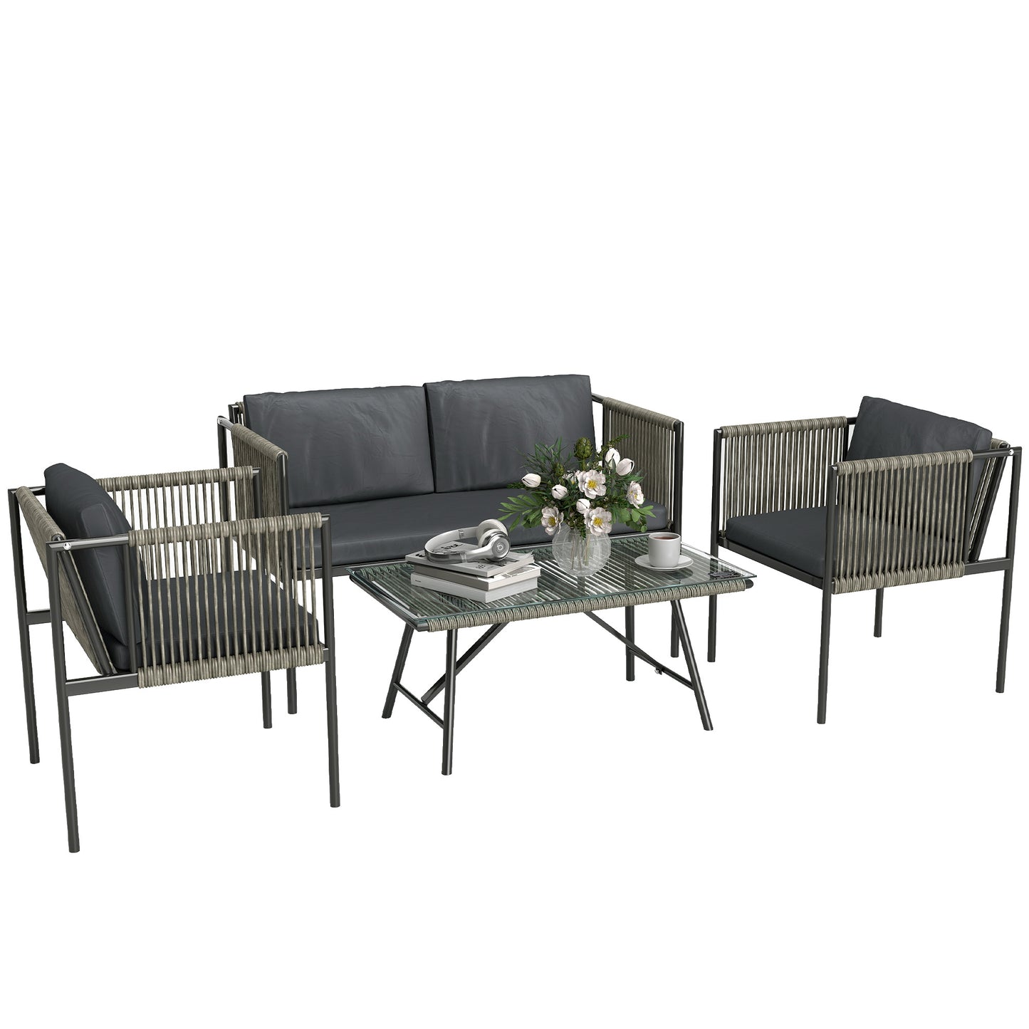 Outsunny 4-delige tuinset, 1 bank, 2 fauteuils, 1 tafel met glazen blad, kussens, stalen frame, kunststof rotan, grijs