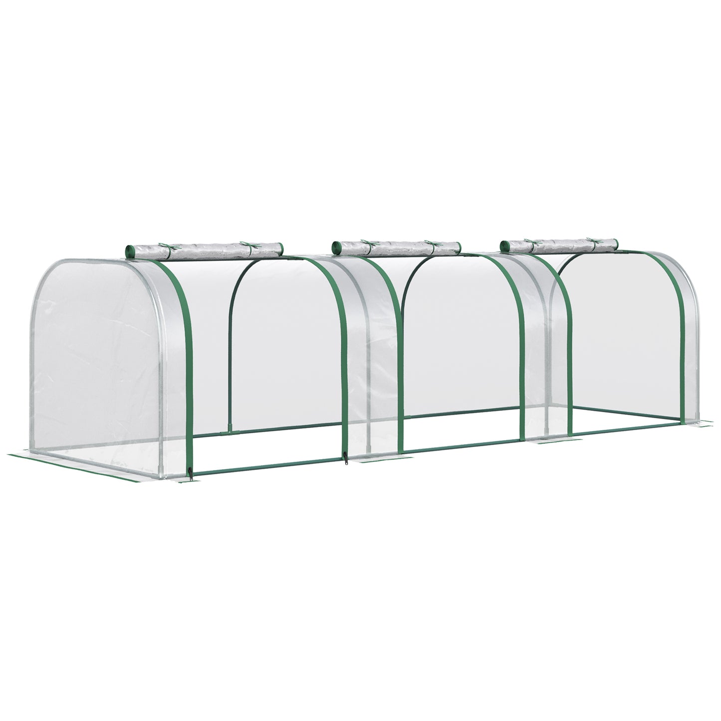 Outsunny Folientunnel-Gewächshaus, drei Rolltore, Stahlrahmen, transparent, 295 x 100 x 80 cm