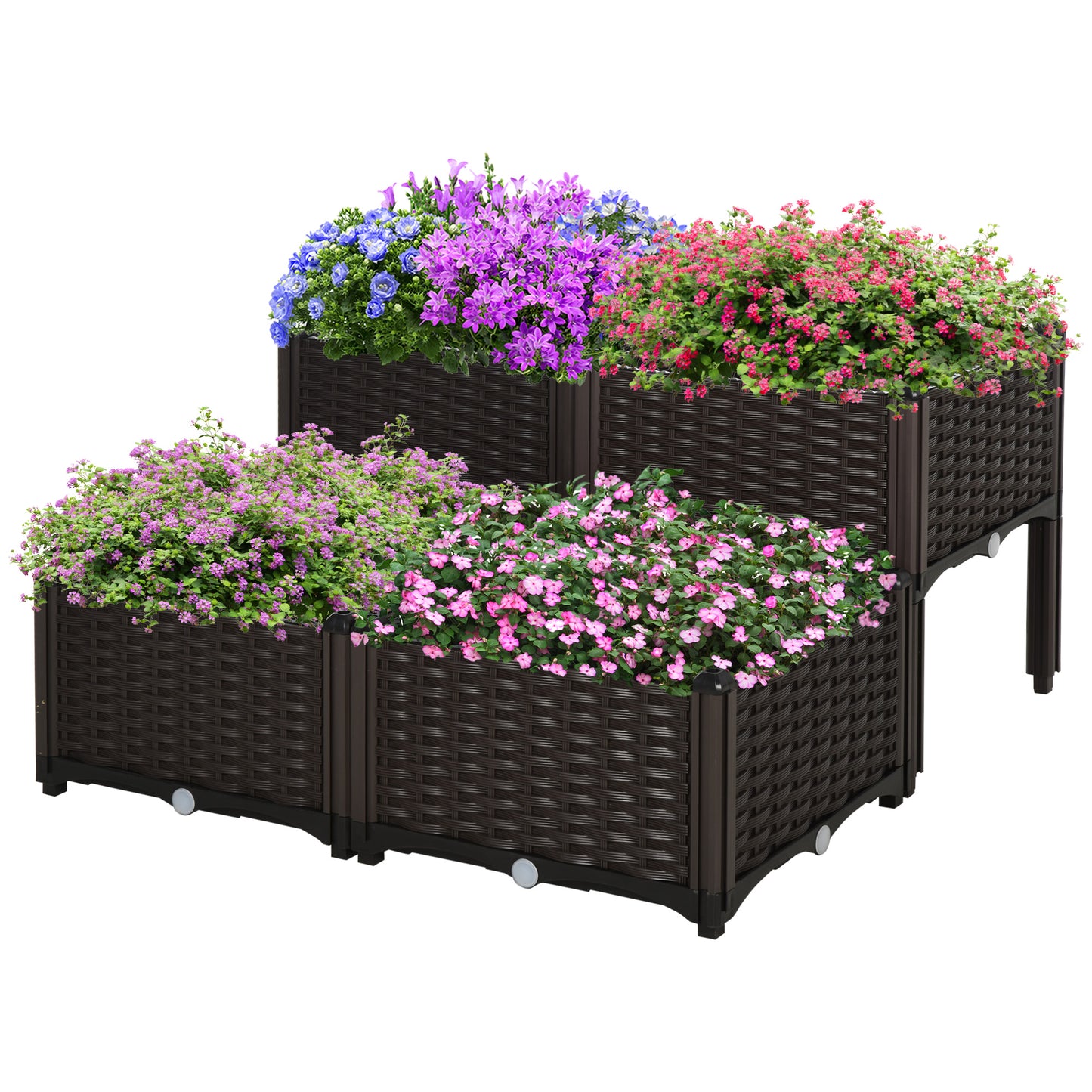 Outsunny Verhoogd Tuinbed, Bloembak met Afwateringsgaten, Bloembak met Rotanlook, Kunststof, Bruin, 40 x 40 x 44 cm