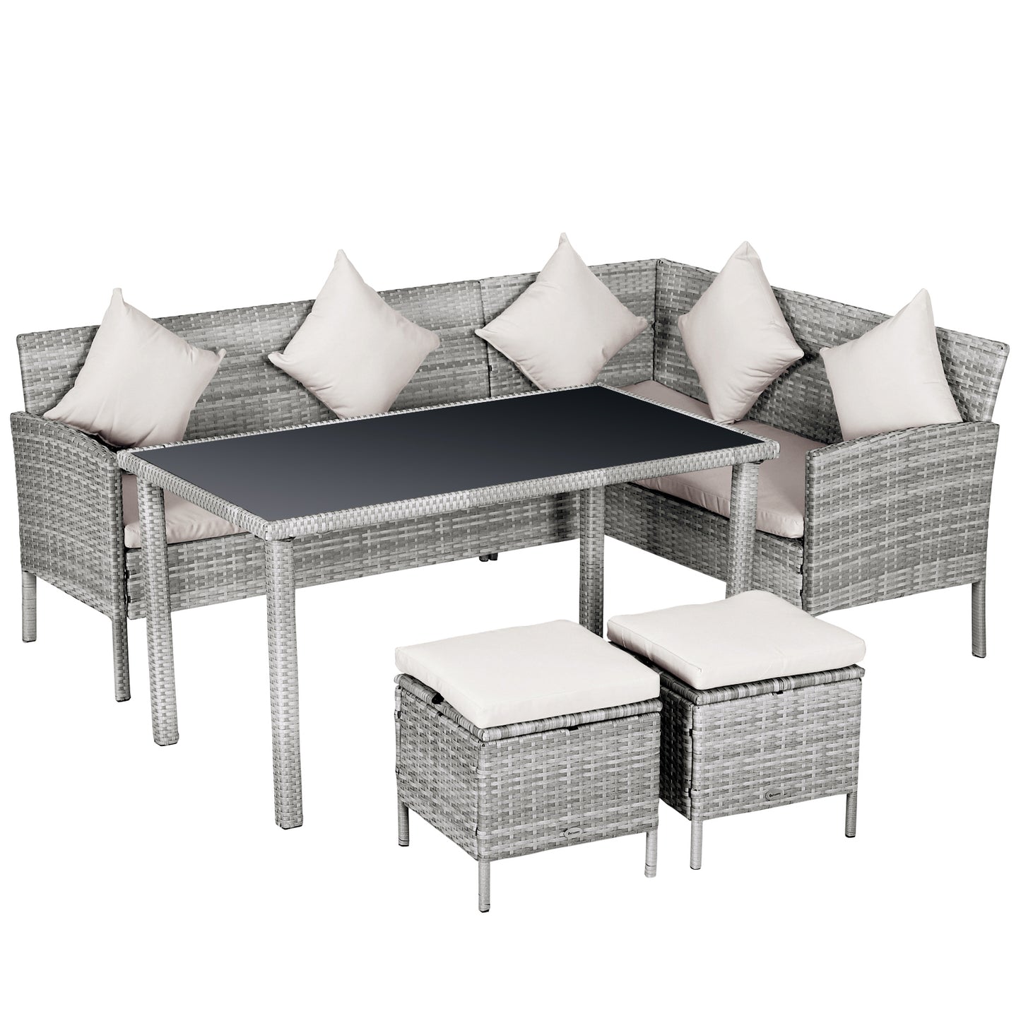 Outsunny 5-delige tuinmeubelset, rotan zitgroep met voetenbank, metaal, grijs, 142 x 60 x 75 cm
