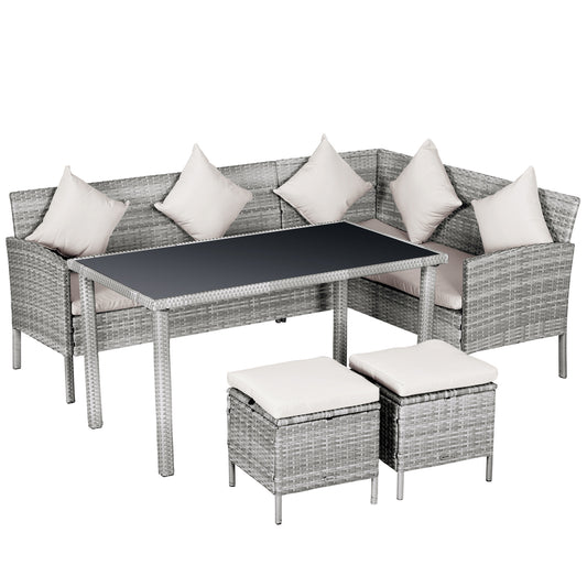 Outsunny 5-delige tuinmeubelset, rotan zitgroep met voetenbank, metaal, grijs, 142 x 60 x 75 cm