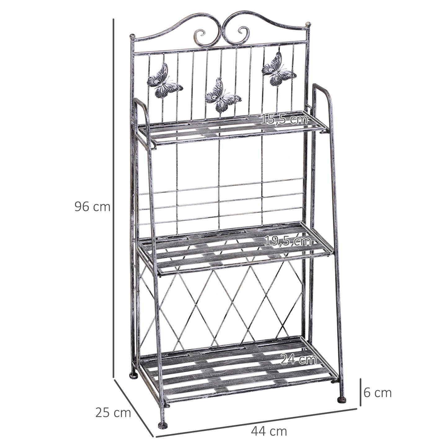 Outsunny Plantenplank, Plantenstandaard, Bloemenplank, Bloemenstandaard, Bloemenladder, Tuinplank, 3 Lagen, Metaal, Zilvergrijs, 44 x 25 x 96 cm