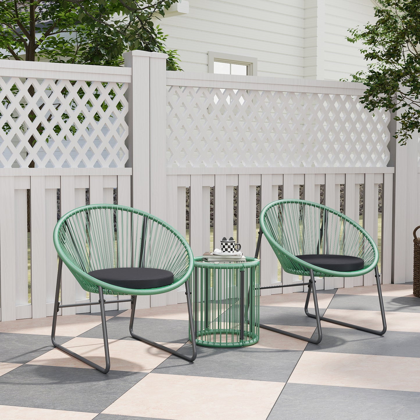 Outsunny 3-delige tuinmeubelset, 1 tafel, 2 stoelen, glazen tafelblad, kunststof rotan rond stalen frame, zachte kussens, groen