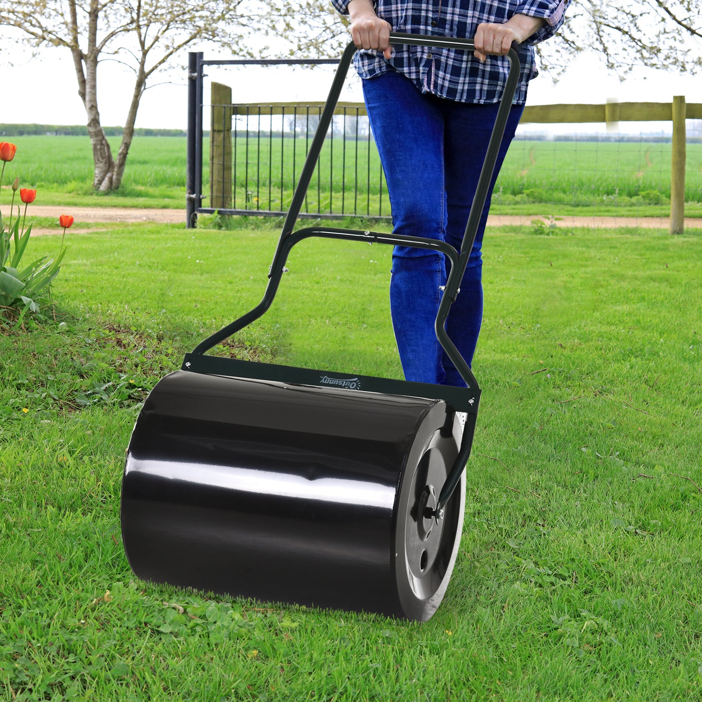 Outsunny gazonrol met U-greep, tuinrol, tuinrol, 40 cm diameter, 60 L water/zandvulling, metaal, zwart, 57 x 40 x 123 cm