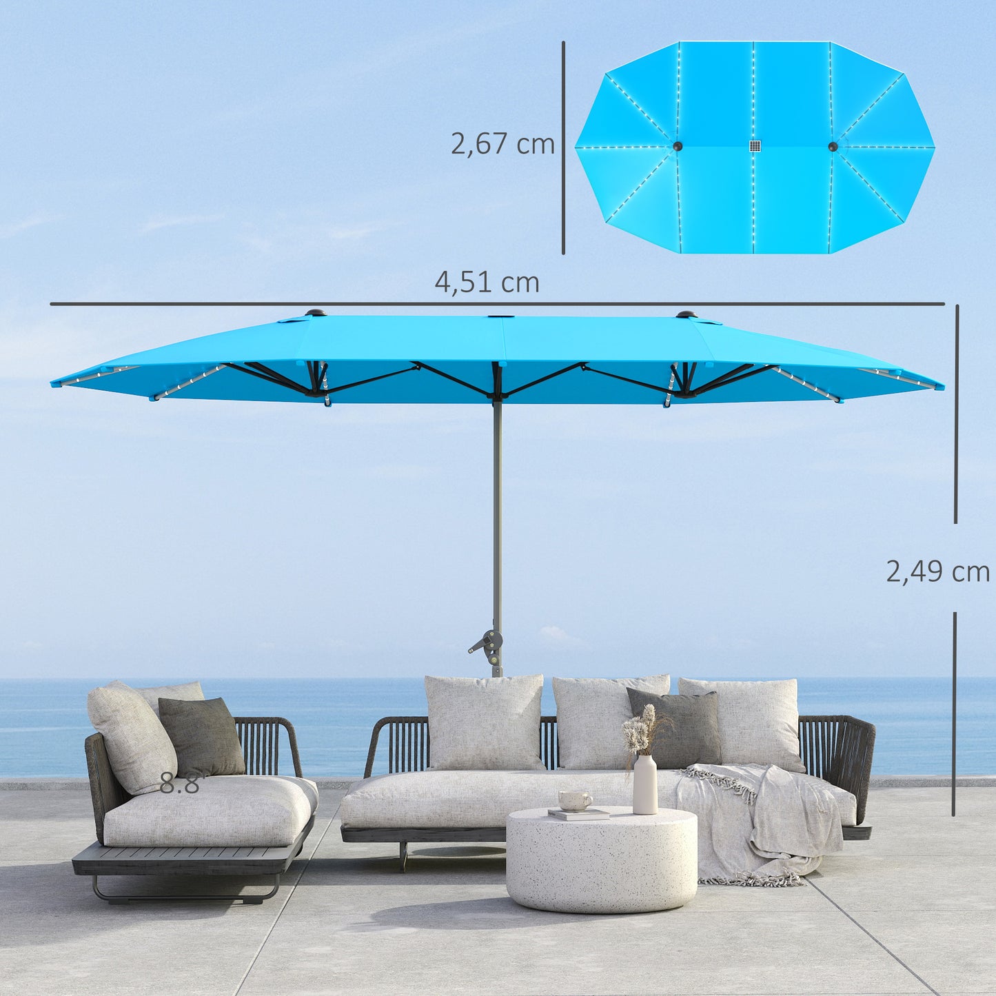 Outsunny Doppelsonnenschirm mit Solarleuchten, Aluminium, Polyester, UPF50+ Schutz, UV-beständig, Terrassenschirm, blau