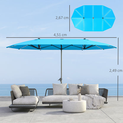 Outsunny Doppelsonnenschirm mit Solarleuchten, Aluminium, Polyester, UPF50+ Schutz, UV-beständig, Terrassenschirm, blau