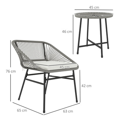 Outsunny 3-delige tuinmeubelset, 1 tafel, 2 stoelen, rotan vlechtwerk, stalen frame, salontafel met glazen blad, donkergrijs