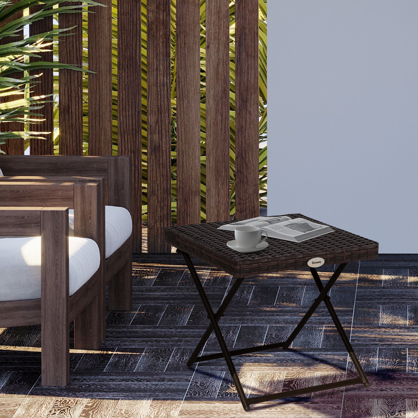 Outsunny Klappbarer Beistelltisch aus Poly-Rattan, Couchtisch, Tablett, Balkontisch, Gartentisch, Teetisch, Gartenmöbel, Rattantisch für Garten, Terrasse, Balkon, 40 x 40 x 40 cm, Braun