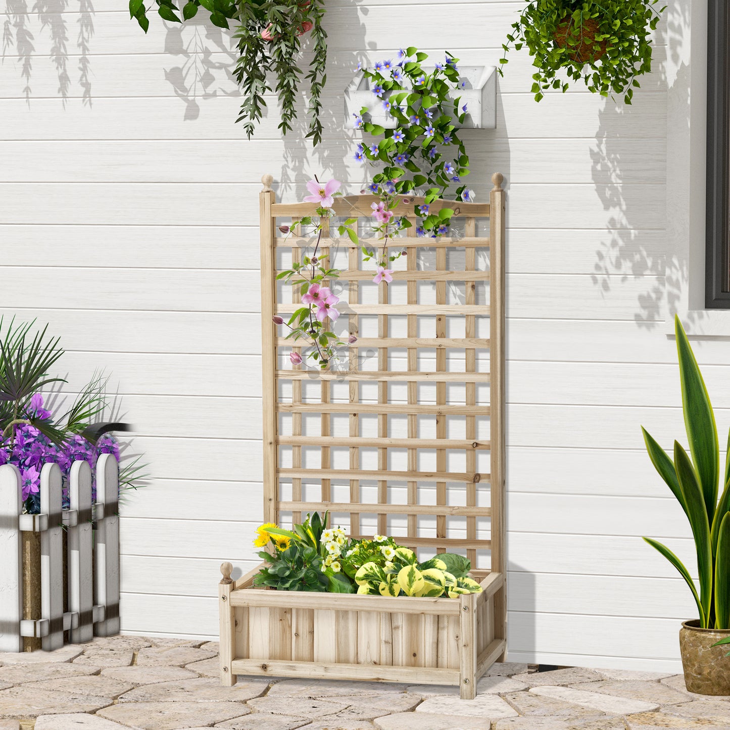 Outsunny verhoogde plantenbak met trellis, bloembak, klimplantbak, rozenboog met ondersteuning voor klimplanten, tuinhout, natuurlijk, 64 x 28 x 120 cm