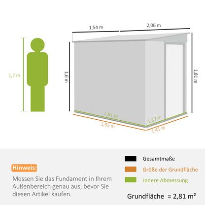 Outsunny metalen tuinhuis 2,81m² 154x206,5x181 cm gereedschapsschuur met lessenaarsdak en fundering