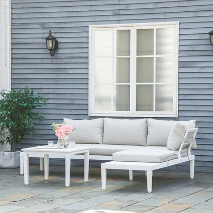 Outsunny 3-Personen-Gartenmöbelset mit Beistelltisch, Bank mit Kissen, L-förmig, für den Außenbereich, Aluminium, cremeweiß