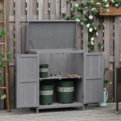 Tuinhuis Outsunny, dubbele deuren, scharnierend deksel, 2 legplanken, weerbestendig, natuurlijk hout, grijs, 74 x 43 x 88 cm