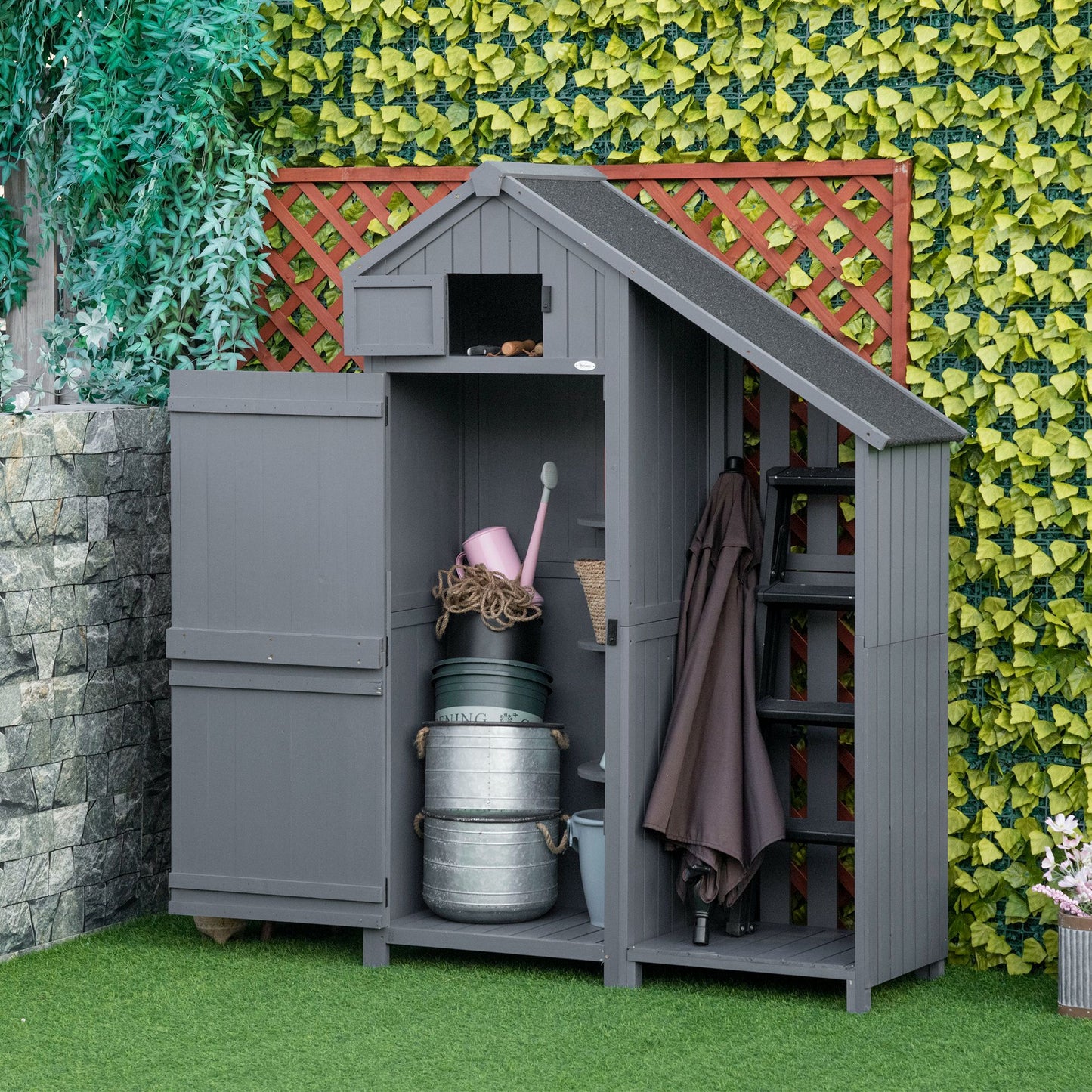 Tuinhuis Outsunny, open brandhoutvak, afsluitbare deur, weerbestendig, natuurlijk hout, 129 x 51,5 x 180 cm, grijs+zwart
