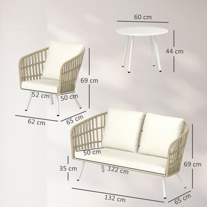 Outsunny tuinmeubelset van polyrotan loungeset met 2-zitsbank, fauteuil, tafel, kussens, weerbestendig voor 4 personen, khaki