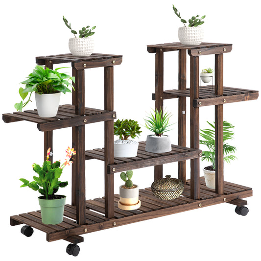 Outsunny Pflanzenständer mit 6 Ablagen und 4 Rollen, 123,5 cm × 33 cm × 80 cm, Massivholz, braun