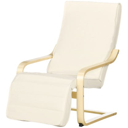 HOMCOM ligstoel met kussen, 5-positie voetensteun, berkenhout, tot 120 kg, 66,5 x 94 x 100 cm, crèmewit