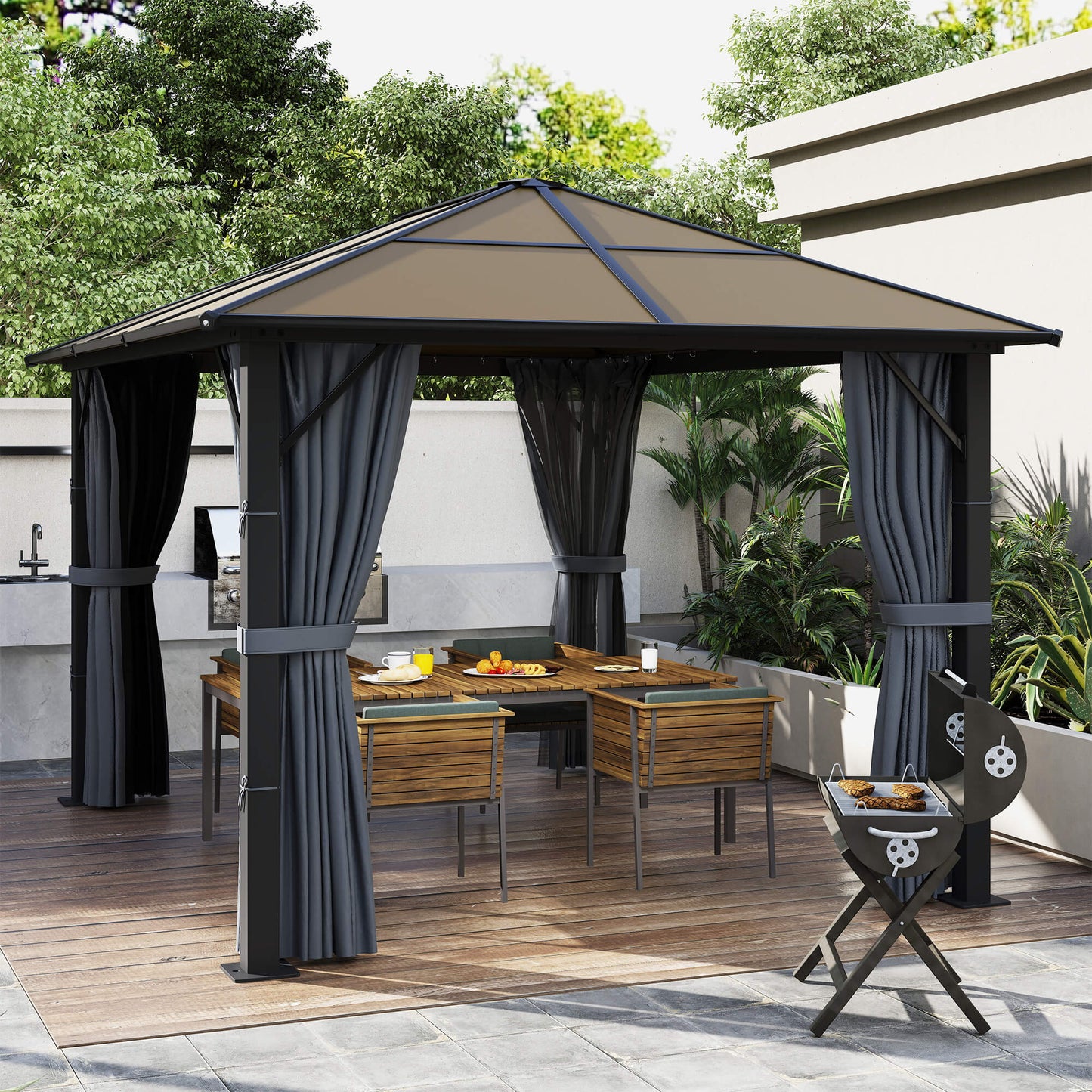 Outsunny paviljoen met polycarbonaat dak, gordijnen met klamboe, aluminium frame, donkergrijs, 3 x 3 m