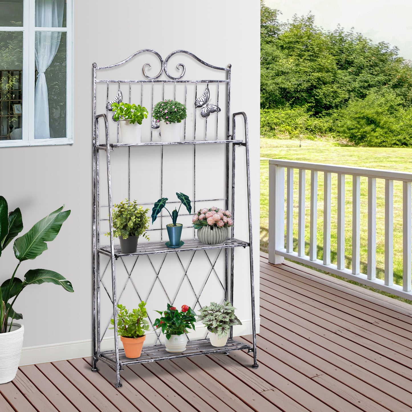 Outsunny Plantenplank, Plantenstandaard, Bloemenplank, Bloemenstandaard, Bloemenladder, Tuinplank, 3 Lagen, Metaal, Zilvergrijs, 44 x 25 x 96 cm