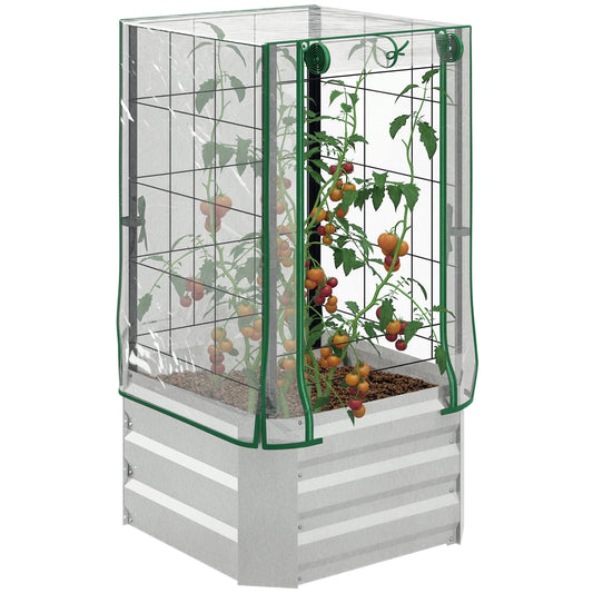 Outsunny Raised Garden Bed, Greenhouse, Set of 3, with Trellis, Plastic Cover, 53 x 53 x 90 cm