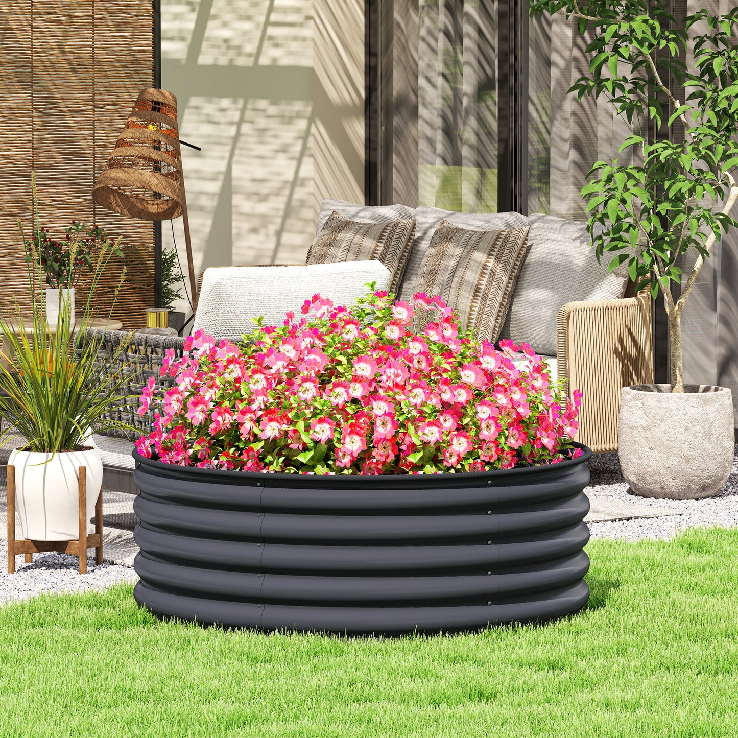 Outsunny Verhoogd Tuinbed, Gegalvaniseerde Plantenbak met Veiligheidsrand, Plantenbak met Open Bodem, 120 x 120 x 43 cm, Donkergrijs