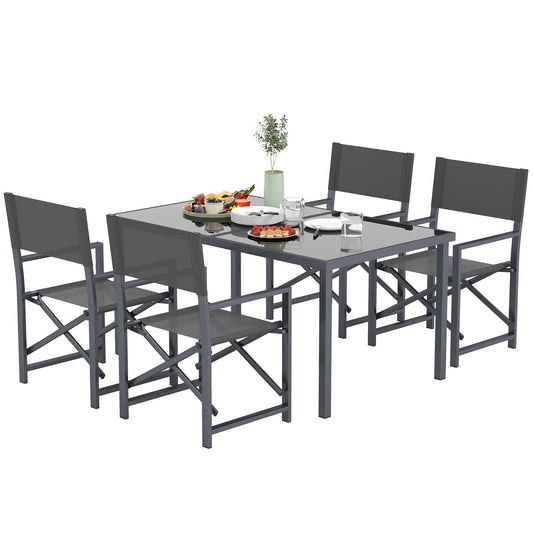 Outsunny 5-teilige Essgruppe, Stahl, für 4 Personen, Esstisch mit 4 Klappstühlen, Glastisch, grau