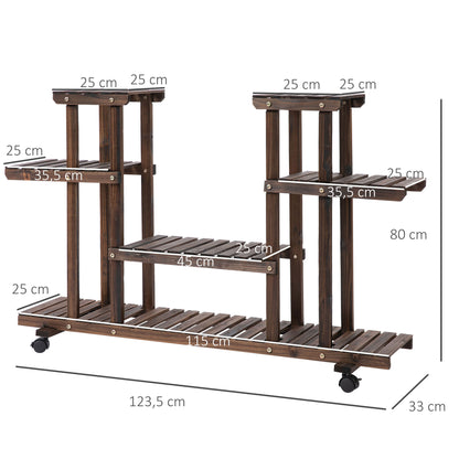 Outsunny plantenstandaard met 6 planken en 4 wielen, 123,5 cm × 33 cm × 80 cm, massief hout, bruin
