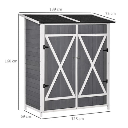 Outsunny Tuinhuis/Gereedschapsschuur met 2 deuren, Gereedschapskast met asfalt dak, Anti-dump ontwerp met grondpennen, Dennenhout, Grijs+Wit, 139 x 75 x 160 cm