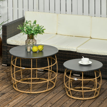 Outsunny 2-delige set tuintafels in boho-stijl, weerbestendig, stapelbaar, 60 cm x 60 cm x 47 cm, naturel + donkergrijs
