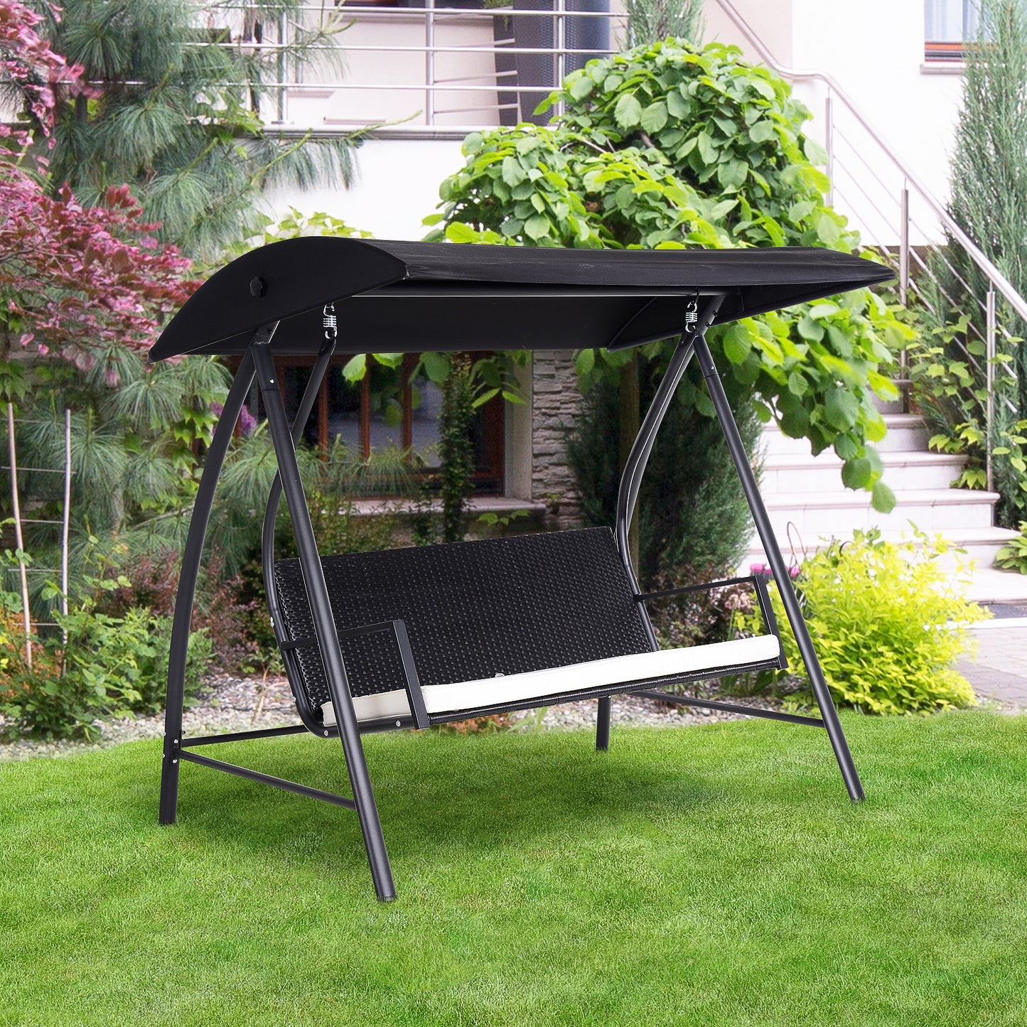 Outsunny 3-Sitzer-Gartenschaukel aus Polyrattan mit verstellbarem Sonnendach, Sonnenschutz, Sitzkissen und Hängebank, Tragkraft bis 360 kg, Maße: 198 x 124 x 179 cm, Farbe: Schwarz