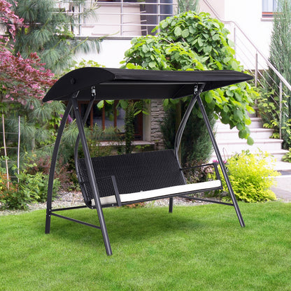 Outsunny 3-Sitzer-Gartenschaukel aus Polyrattan mit verstellbarem Sonnendach, Sonnenschutz, Sitzkissen und Hängebank, Tragkraft bis 360 kg, Maße: 198 x 124 x 179 cm, Farbe: Schwarz