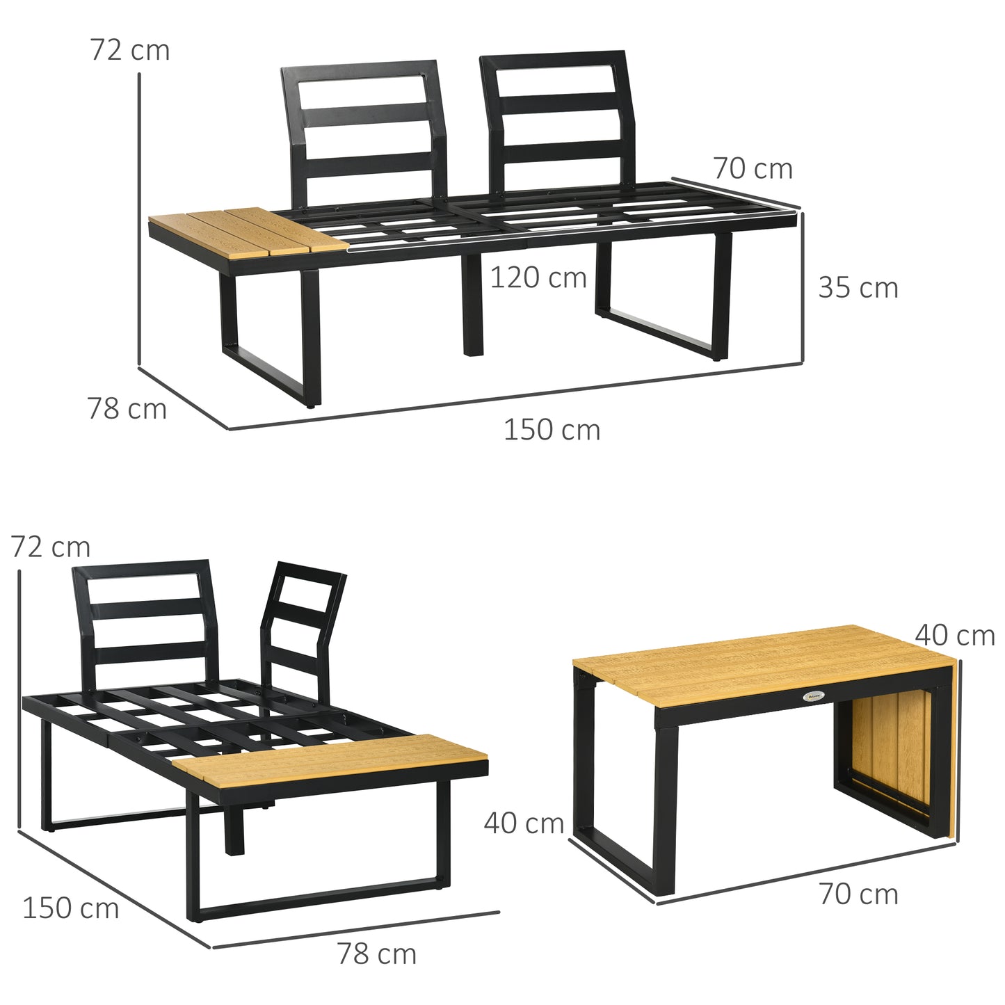 Outsunny 3-persoons tuinmeubelset, balkonmeubel met zitkussens, aluminium frame, houtlook, donkergrijs+naturel
