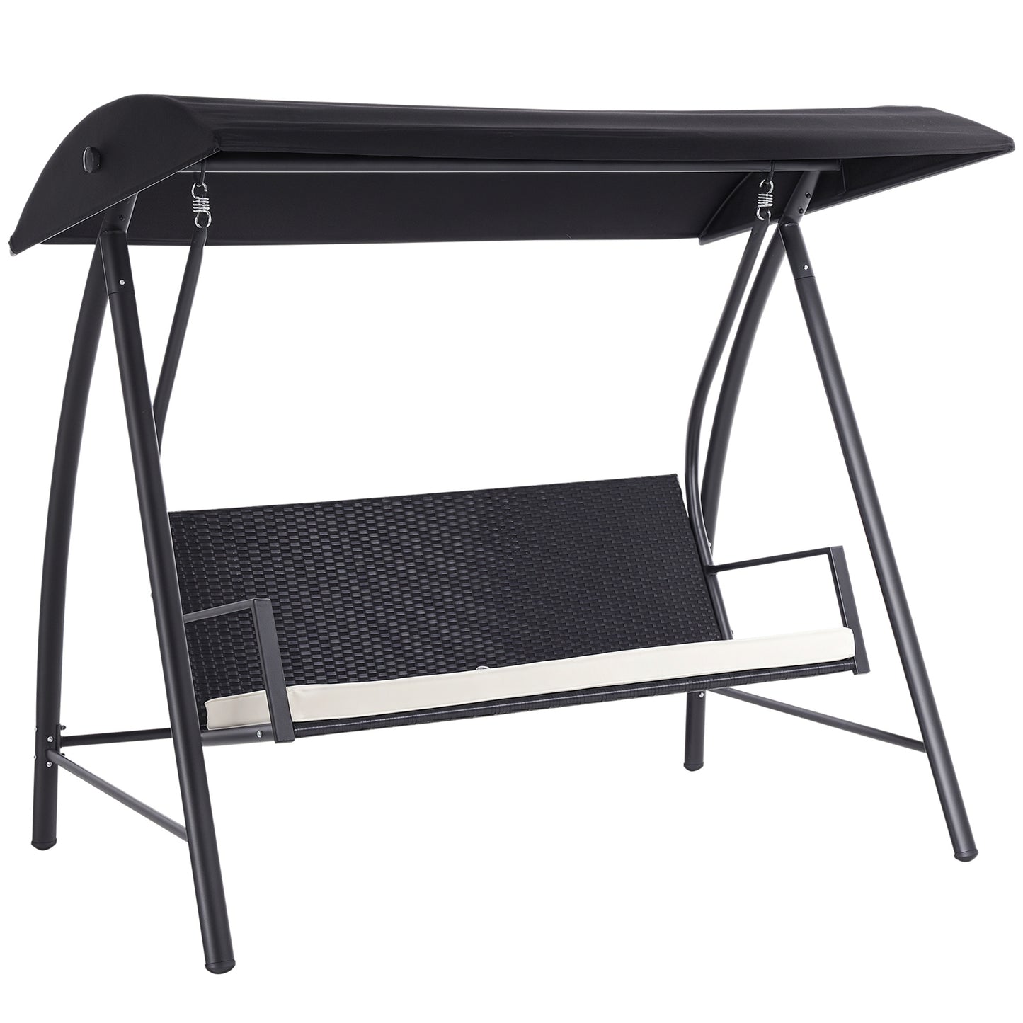 Outsunny 3-Sitzer-Gartenschaukel aus Polyrattan mit verstellbarem Sonnendach, Sonnenschutz, Sitzkissen und Hängebank, Tragkraft bis 360 kg, Maße: 198 x 124 x 179 cm, Farbe: Schwarz