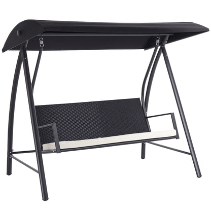 Outsunny 3-Sitzer-Gartenschaukel aus Polyrattan mit verstellbarem Sonnendach, Sonnenschutz, Sitzkissen und Hängebank, Tragkraft bis 360 kg, Maße: 198 x 124 x 179 cm, Farbe: Schwarz