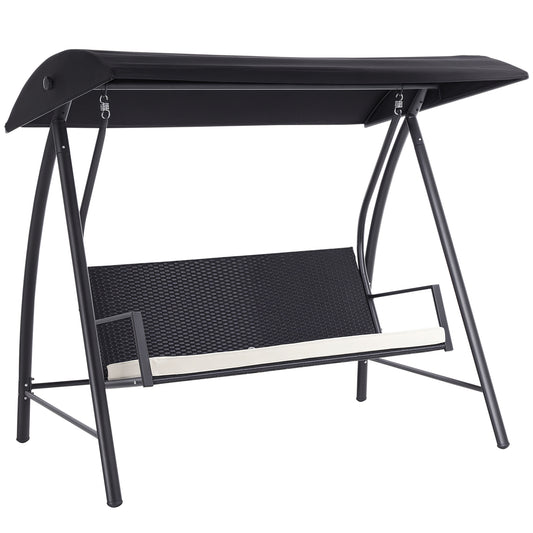 Outsunny 3-zits polyrotan tuinschommel met verstelbare zonnekap, zonnescherm, zitkussen, hangbank, draagvermogen tot 360 kg, tuinschommel, 198x124x179cm, zwart