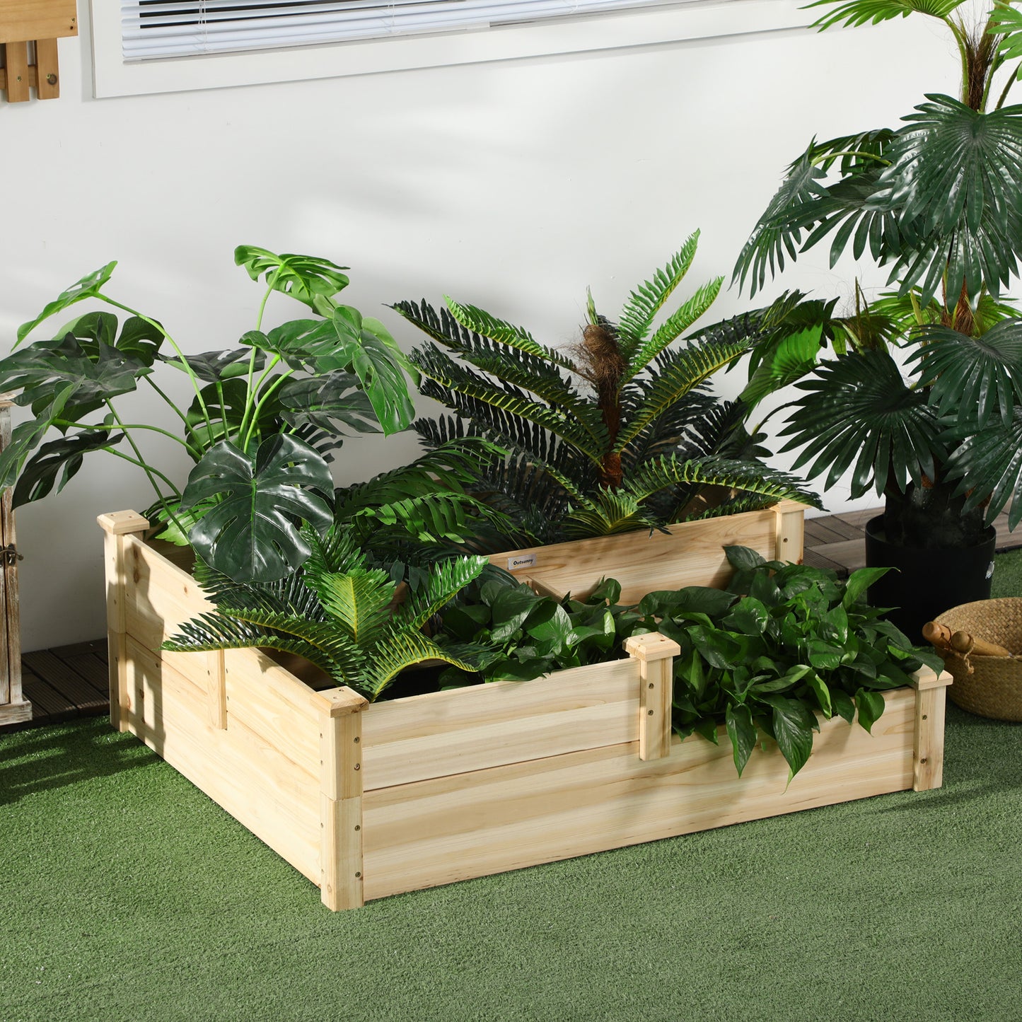 Verhoogde tuinbak van Outsunny met 3 plantenbakken, 3-laags ontwerp, open basis, 108 cm x 88 cm x 36 cm, natuurlijk