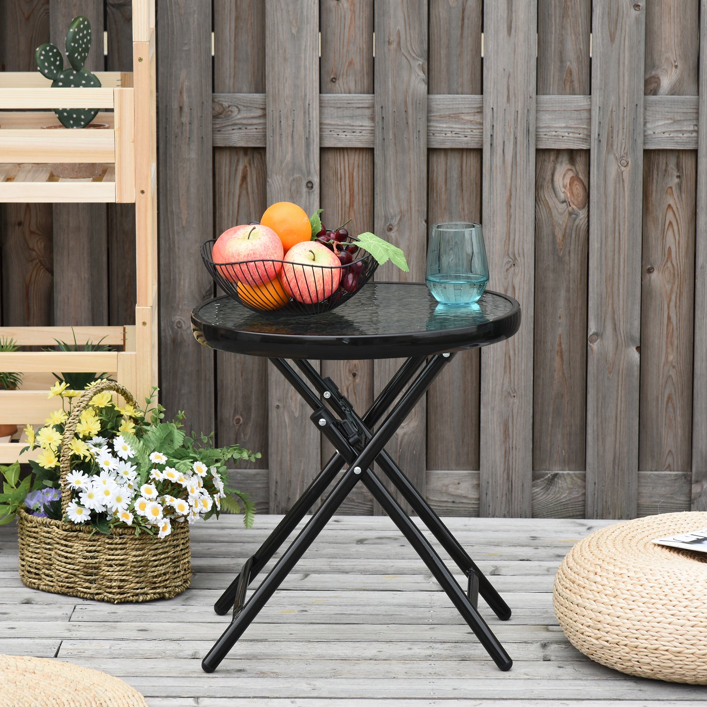 Outsunny Tuintafel Bijzettafel Bistrotafel met Glazen Blad Rond Opvouwbaar Metaal Ø45 Zwart