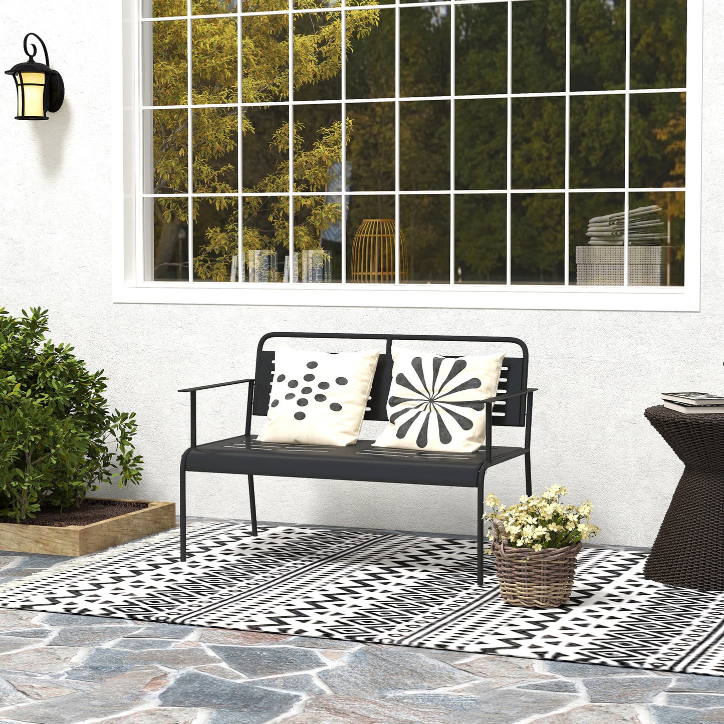 Outsunny 3-Sitzer-Gartenbank, wetterfeste Bank, wasserabweisende Gartenmöbel mit Rücken- und Armlehnen, 121 x 64 x 84 cm, schwarz
