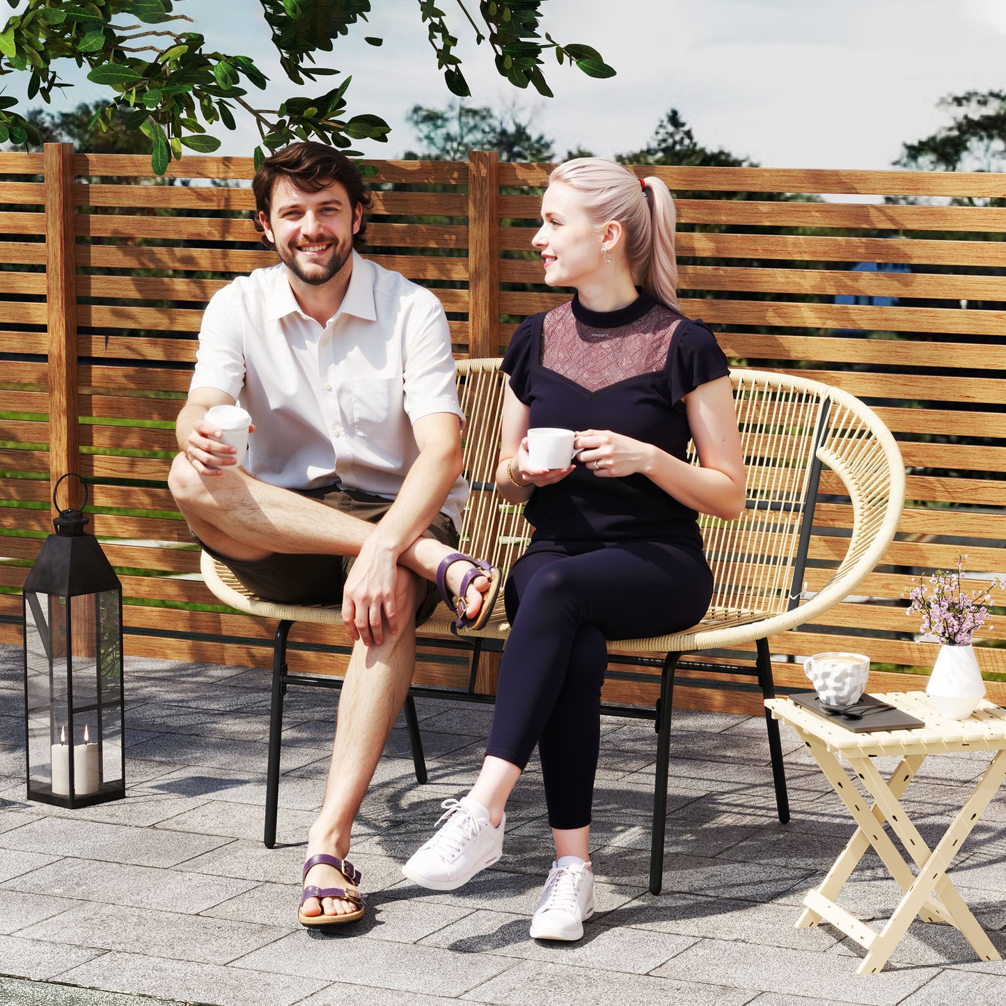 Outsunny 2-zits tuinbank, polyrotan, weerbestendig, rotan bank, UV-bestendig, draagvermogen 260 kg, kaki
