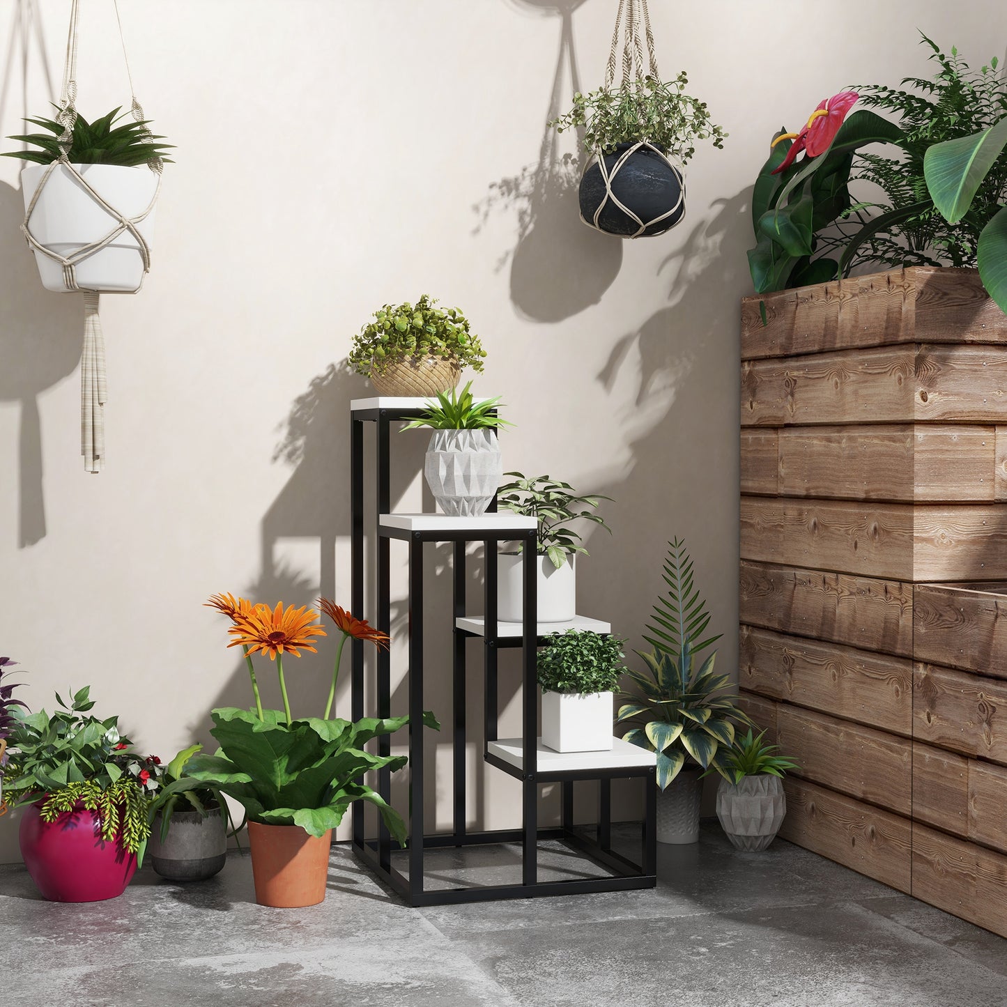 Outsunny Bloemenplank, 4-laags, Binnen & Buiten, Metalen Frame, 34L x 34B x 70H cm, Zwart + Wit