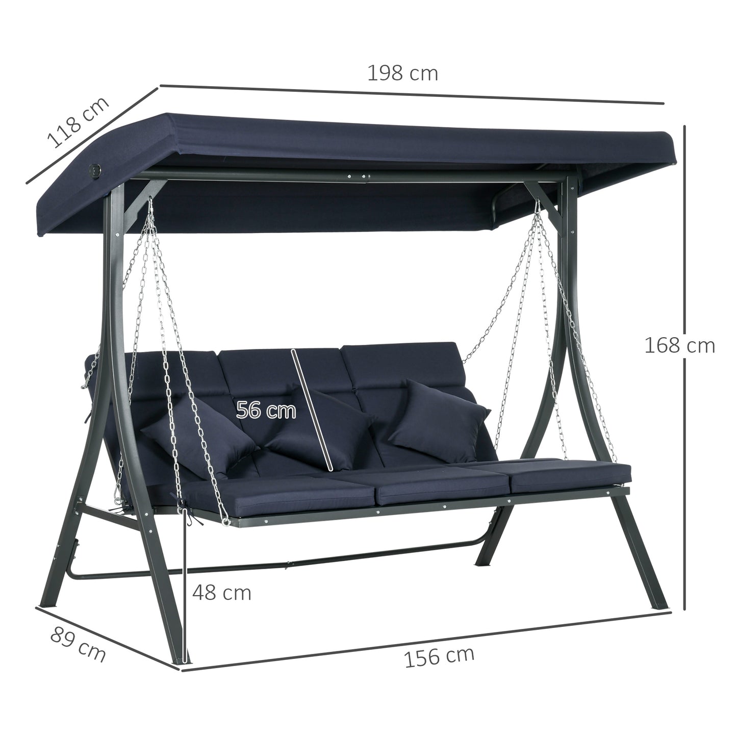 Outsunny Hollywood Gartenschaukel, 3-Personen-Schaukel, verstellbarer Sonnenschirm, 198 x 118 x 168 cm, Dunkelgrau