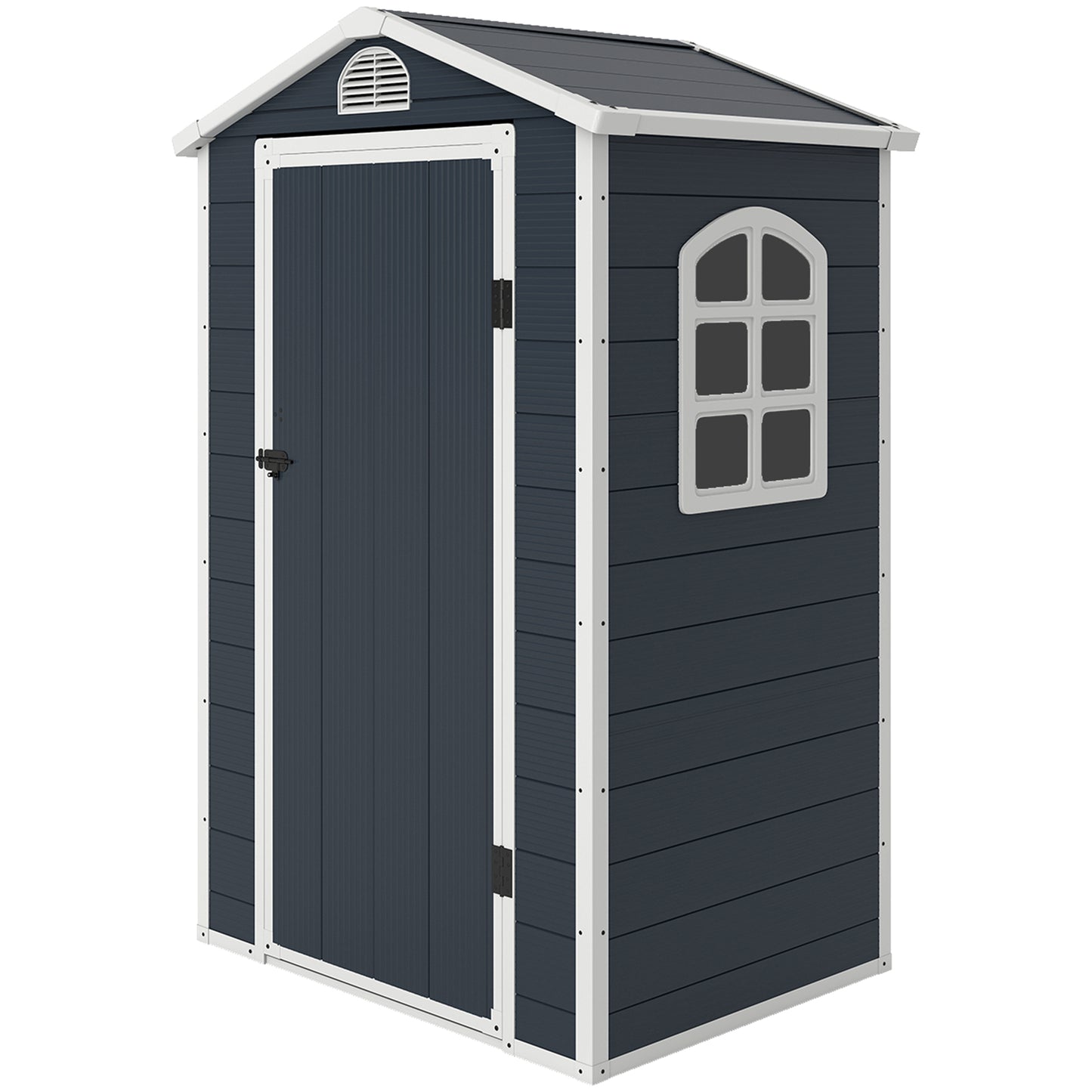 Outsunny kunststof tuinhuis 1,9 m² 134 x 104 x 204 cm gereedschapsschuur met zadeldakdeur weerbestendig tuinhuis buiten tuinhuis kast voor achtertuin buitenruimte donkergrijs